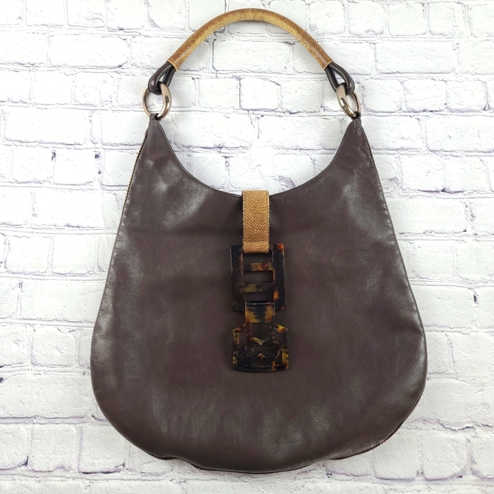 Escada Leather Hobo Bag Brown Tortoise Clasp